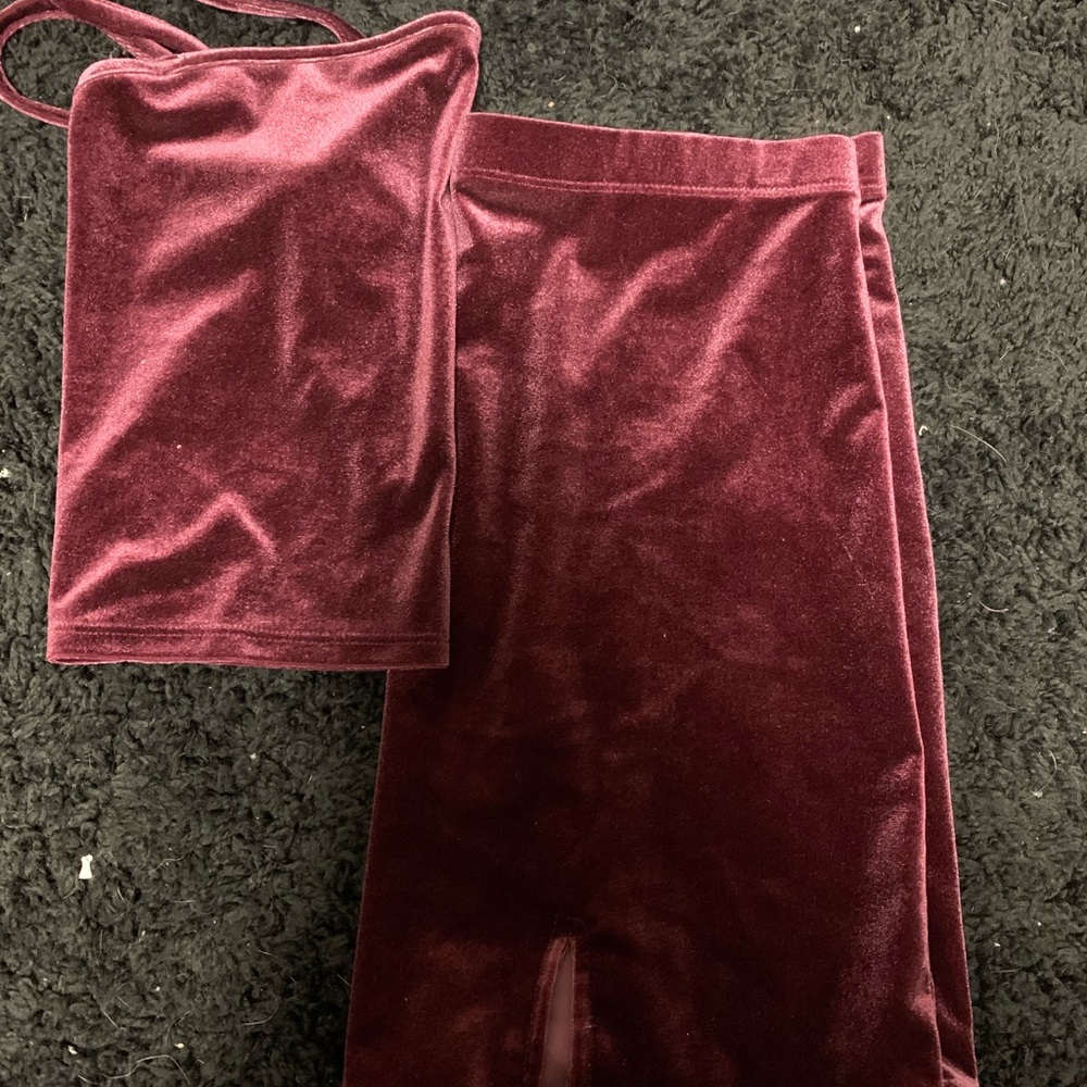 velvet burgundy crop top set with skirt